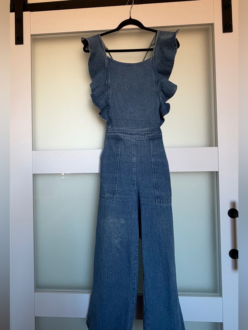 Sugarlips Denim Ruffle-Shoulder Jumpsuit/Romper/Overalls in Blue Denim